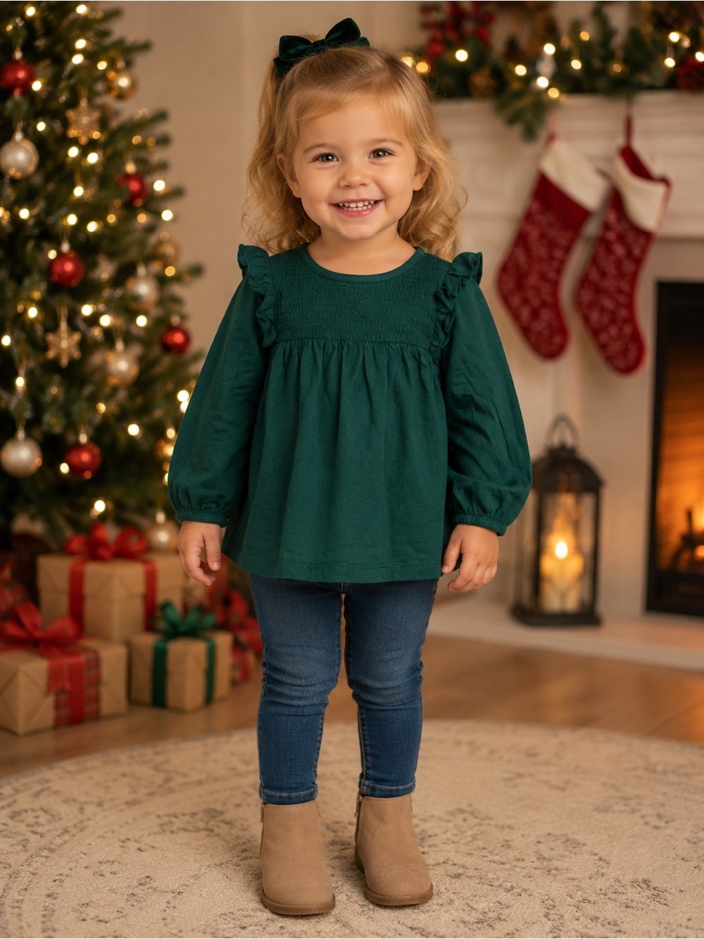 Baby Gap Toddler Girl's Long Sleeve Smocked Ruffle Blouse in Deep Green
